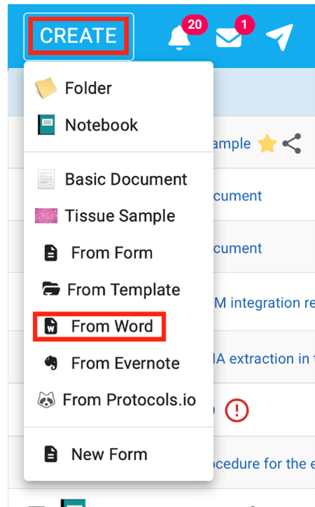 Image depicting how to import word or RTF files using Create > From Word